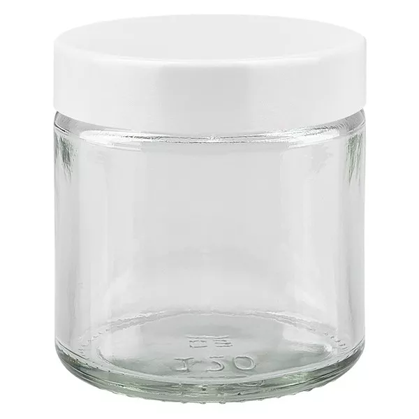 120ml Glastiegel. klar, mit weißem Bakelit ApoGlas 120ml Glastiegel. klar, mit weißem Bakelit ApoGlas