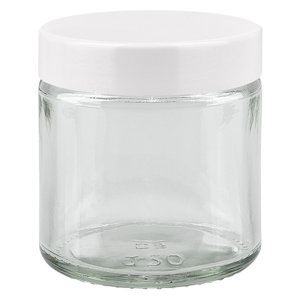 120ml Glastiegel. klar, mit weißem Bakelit ApoGlas 120ml Glastiegel. klar, mit weißem Bakelit ApoGlas