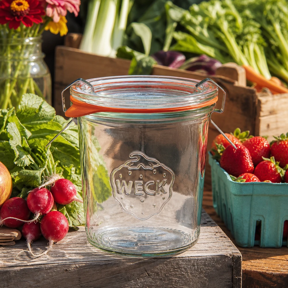 160ml Sturzglas komplett WECK RR60 WECK 160ml Sturzglas RR60 leer mit Bügelverschluss zwischen frischem Gemüse und Obst auf rustikalem Holztisch
