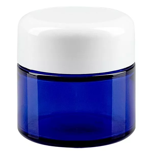 50ml Glastiegel. royalblau, mit weißem Bakelit ApoGlas 50ml Glastiegel. royalblau, mit weißem Bakelit ApoGlas