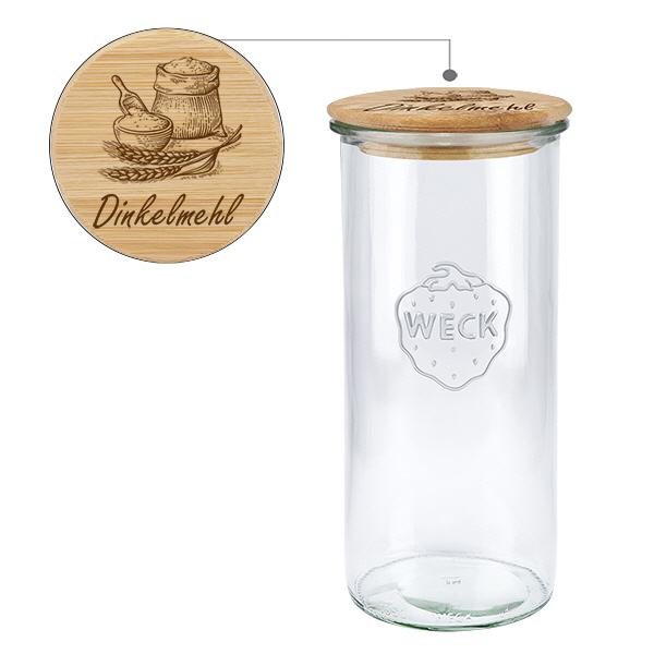 Holzdeckelset "Dinkelmehl" mit WECK Glas 1500ml Holzdeckelset "Dinkelmehl" mit WECK Glas 1500ml