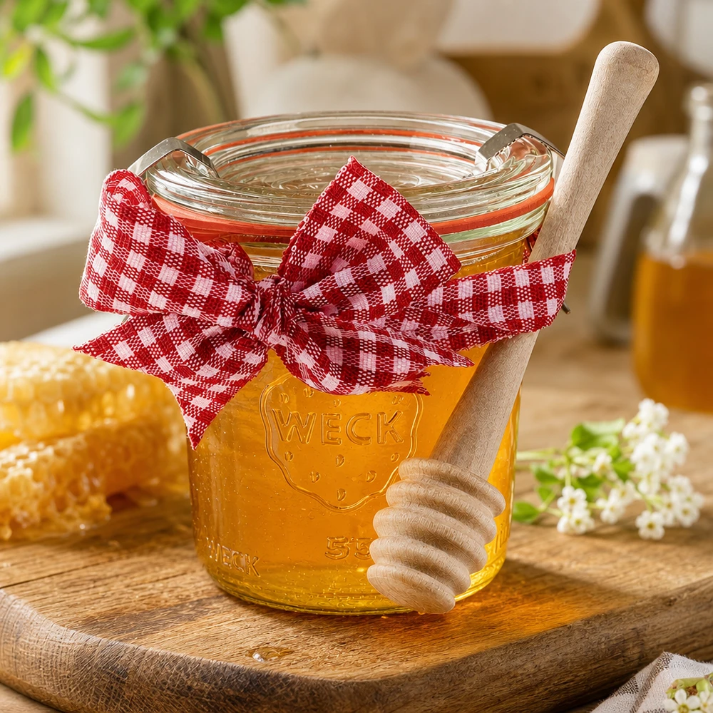 WECK-Mini-Sturzglas 140ml komplett mit Honiglöffel WECK Mini Sturzglas 140ml mit Honig gefüllt roter Vichy Karo Schleife Holz Honiglöffel Waben Landhaus Stil