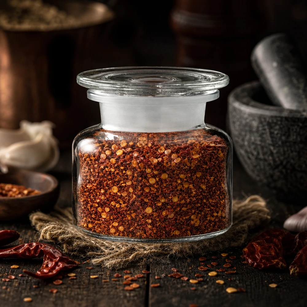 Apothekerflasche 100ml Weithals Klarglas mit gemahlenem Chili in rustikaler Küchendekoration