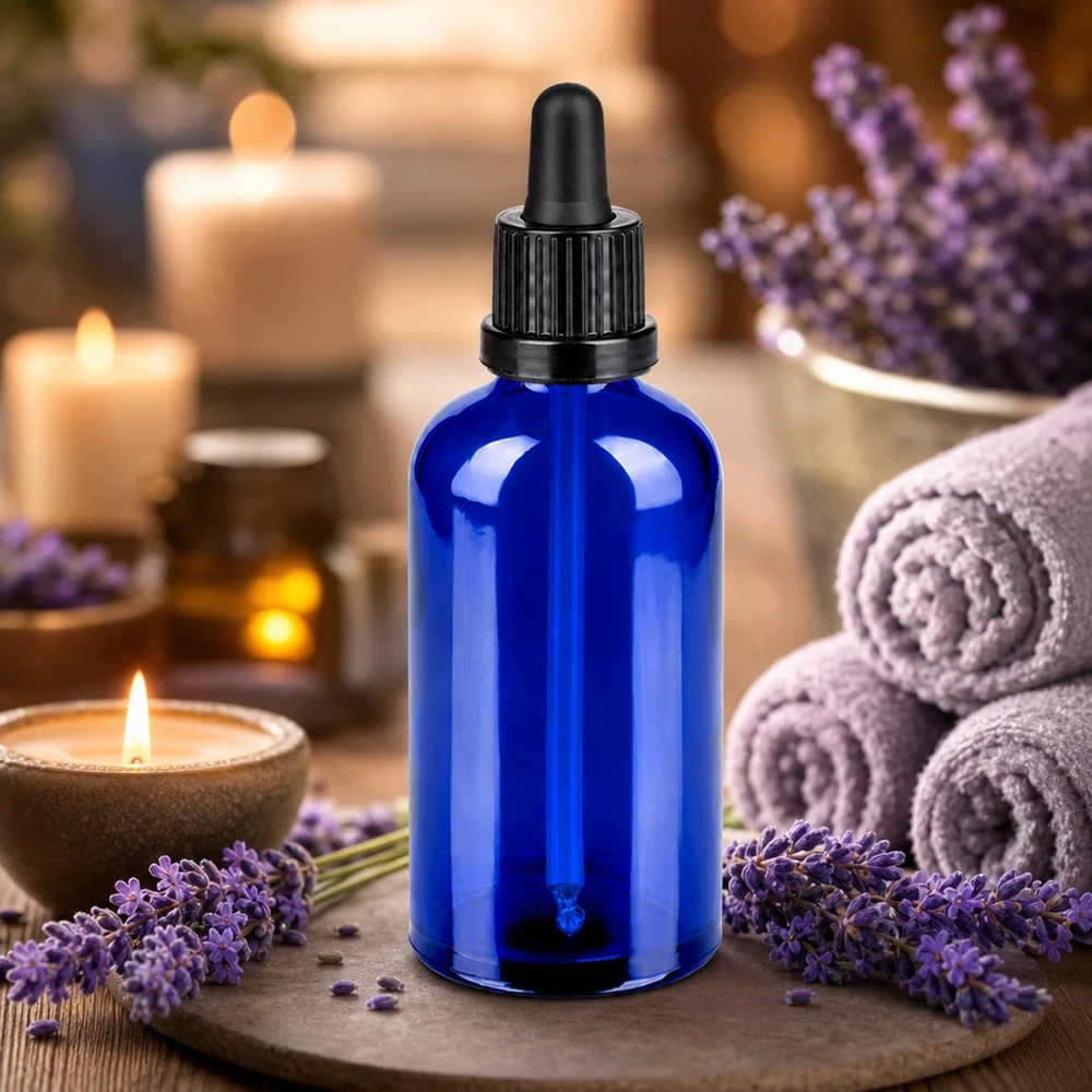 100ml Pipettenflasche schwarz Originalitätsverschluss BlueLine UT18/100 Apotheker-Flasche 100ml cobaltblau mit kindersicherem schwarzen Pipettenverschluss