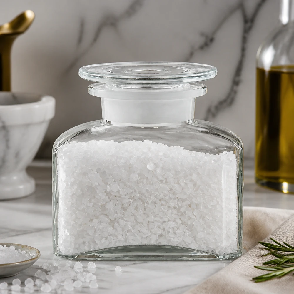 Gewürzglas Idee: Vierkant-Apothekerflasche 150 ml Weithals Transparentes Vierkant-Gewürzglas 150ml mit grobem Salz in modernem Küchenambiente