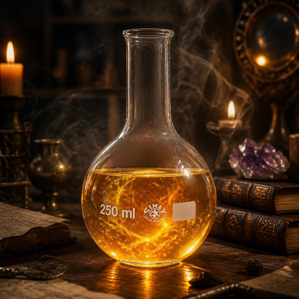 Rundkolben 250ml Enghals gefüllt mit orangefarbener Flüssigkeit in mystischer Atmosphäre