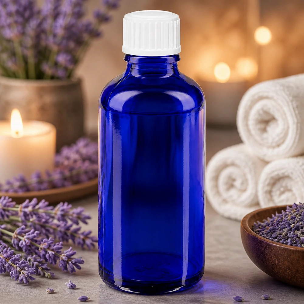 Apothekenflasche blau 50ml Tropfverschluss weiß 0.8mm Standard Dunkelblaue UV-Schutz Tropfflasche 50ml aus pharmazeutischem Glas mit weißem Verschluss