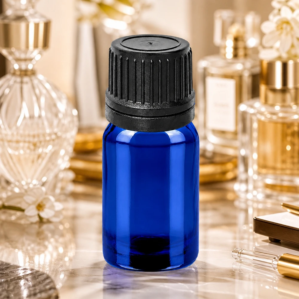 Blaue 5ml Tropfflasche mit robustem schwarzen Verschluss für sichere Aufbewahrung von Flüssigkeiten