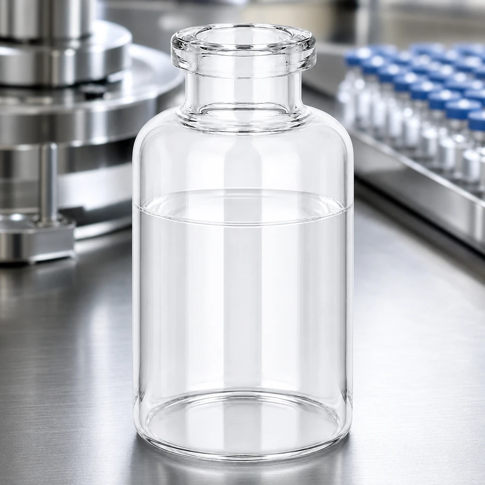 Injektionsflasche Klarglas 30ml Medizinische Injektionsflasche Klarglas 30ml neben befüllten Blaukapsel-Vials in Produktionsanlage
