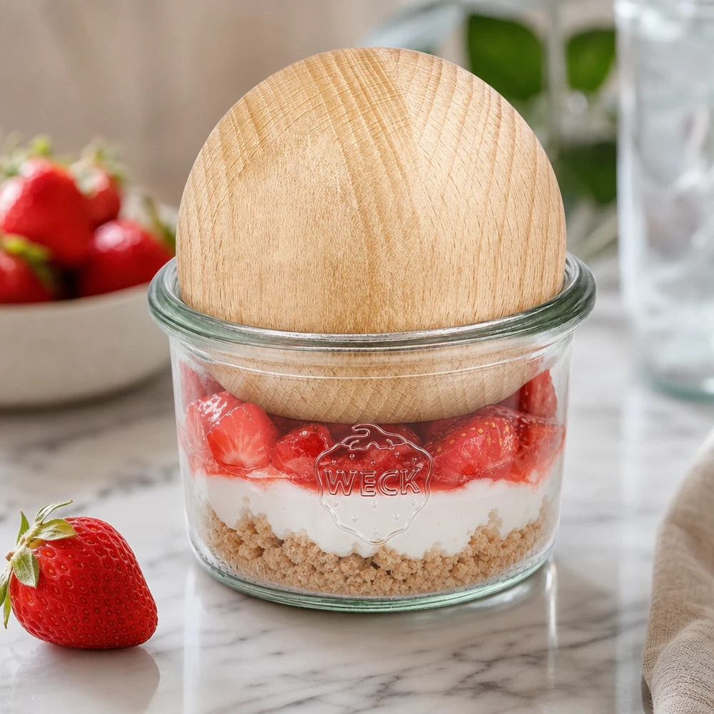 200ml Sturzglas WECK RR80 mit Holzkugel Buche WECK Sturzglas 200ml RR80 mit Buchenkugel als Dessertglas für Erdbeer-Schichtdessert auf Marmortisch