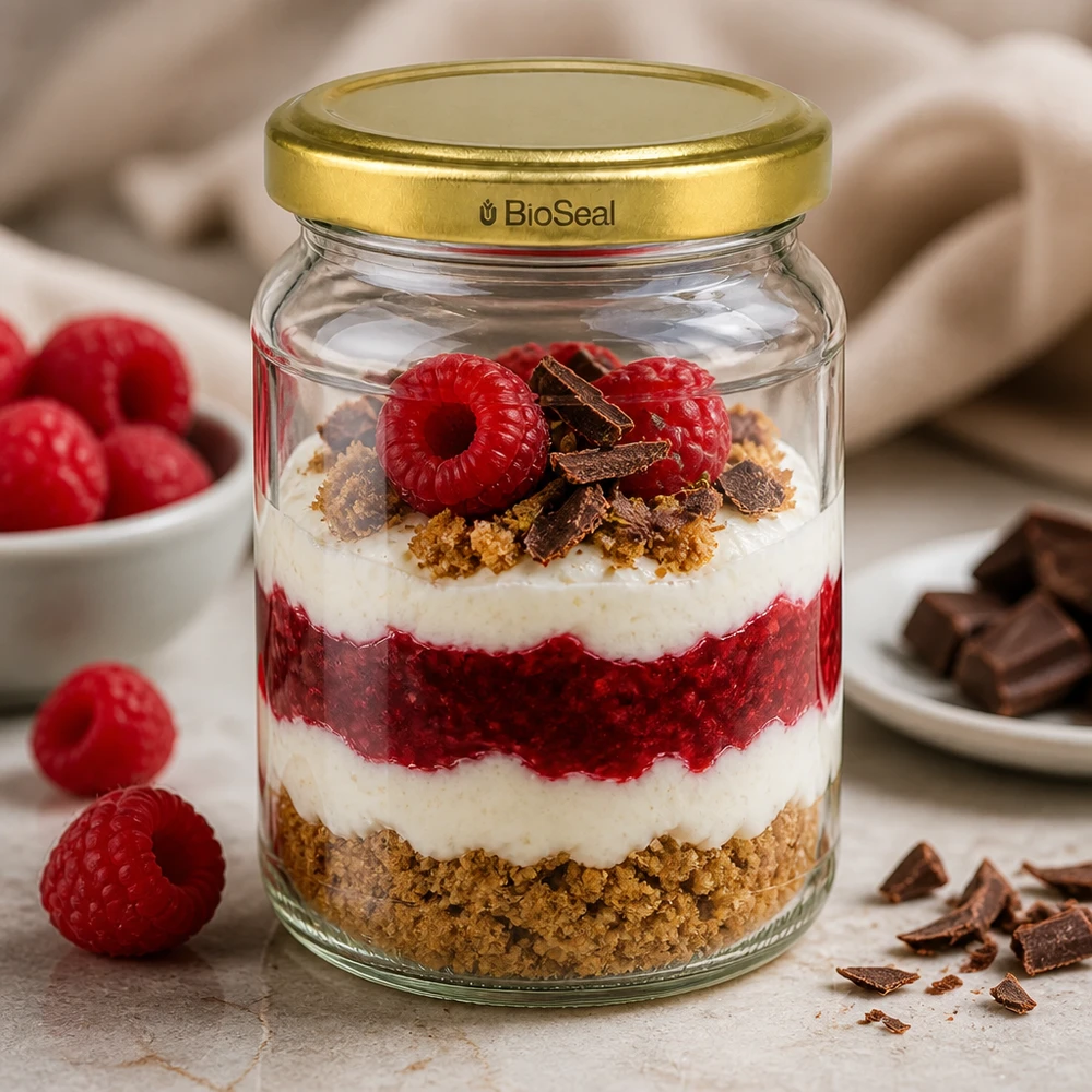 205ml Rundglas mit BioSeal Deckel gold UNiTWIST UNiTWIST Runda205 Glas gefüllt mit Schichtdessert Himbeeren Creme Keksboden goldener TO58 BioSeal Verschluss