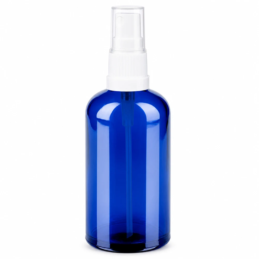 100ml Sprayflasche weiß/transparent Standardverschluss BlueLine UT18/100 Professionelle 100ml Glassprühflasche blau mit feinem Sprühkopf für Naturkosmetik