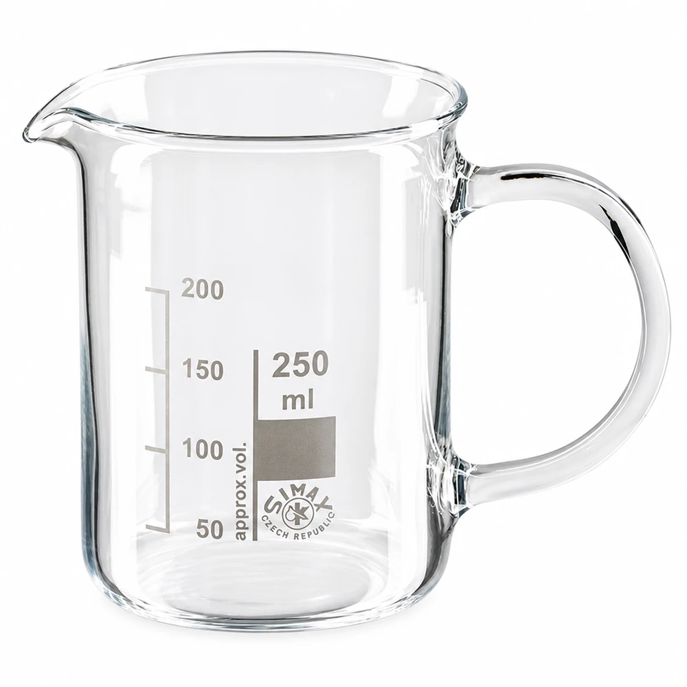Becherglas 250ml Borosilikatglas, mit Henkel Griffbecherglas 250ml aus klarem Borosilikatglas mit eingedruckter Volumenskala und Ausguss