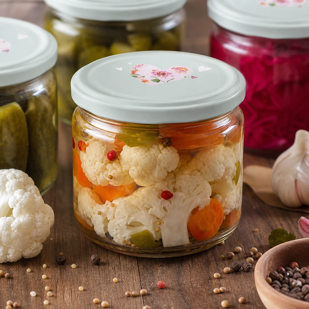 330ml Rundglas eingelegtes Gemüse Blumenkohl Karotten BasicSeal Deckel Herzmotiv mint Einmachglas Konservieren