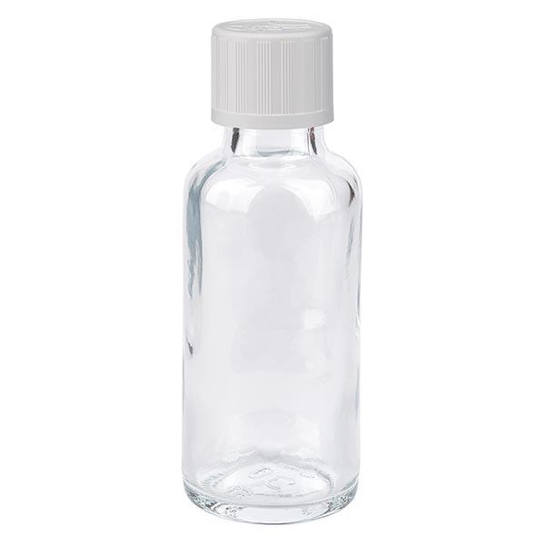 Apothekenflasche klar 30ml Tropfverschluss weiß Kindersicherung Standard Apothekenflasche klar 30ml Tropfverschluss weiß Kindersicherung Standard