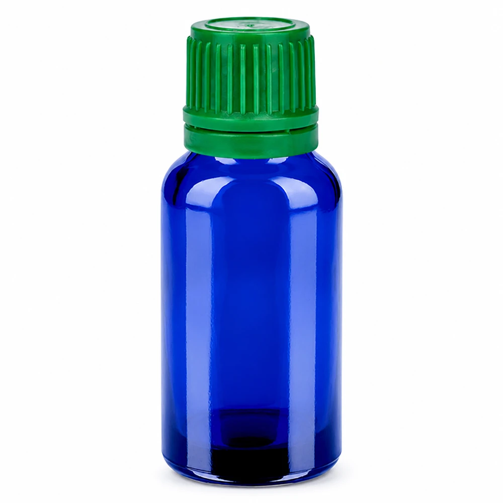 20ml Flasche 11mm Schraubverschluss grün Originalitätsverschluss BlueLine UT18/20 Professionelle 20ml Apothekerflasche aus UV-schützendem blauen Glas mit Sicherheitsverschluss