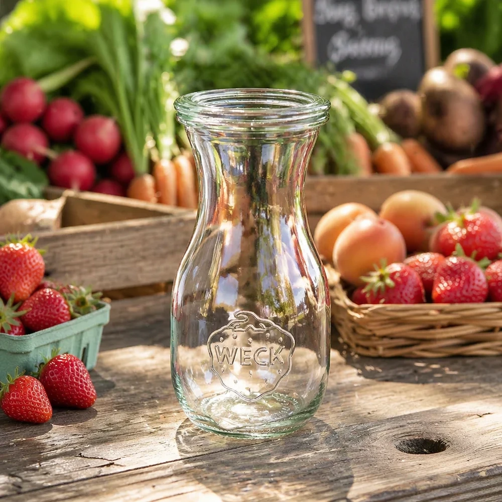 290ml Saftflasche mit Glasdeckel WECK RR60 WECK Saftflasche 290ml RR60 transparent auf rustikalem Holztisch zwischen frischen Erdbeeren Radieschen und Gemüse