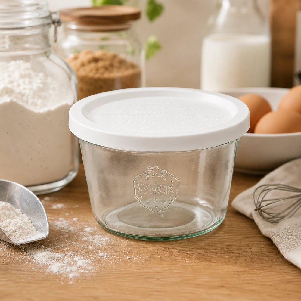 370ml Sturzglas mit Frischedeckel WECK RR100 WECK Sturzglas 370ml RR100 mit Frischedeckel in Backküche zwischen Mehl Eiern Milch und Küchenutensilien