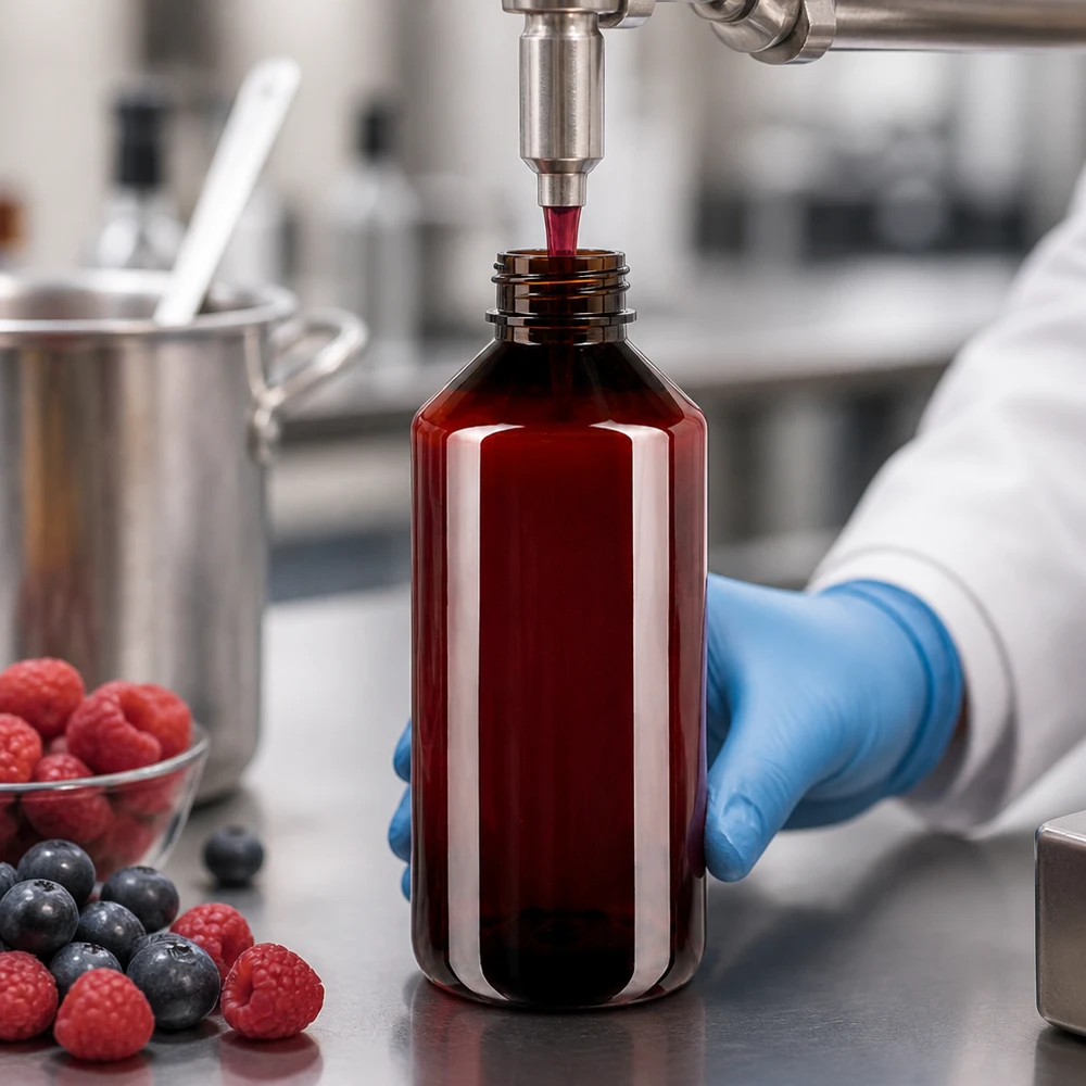 Dunkle PET Rundflasche 1L für Fruchtsaft und Beeren-Extrakte bei steriler Produktionsabfüllung