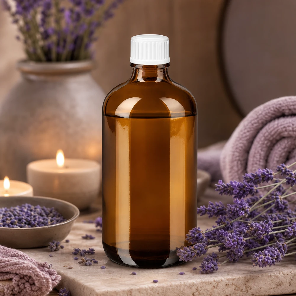Apothekenflasche braun 100ml Schraubverschluss weiß Standard Braunglas Flakon 100ml mit weißem Kindersicherheitsverschluss in Wellness-Setting