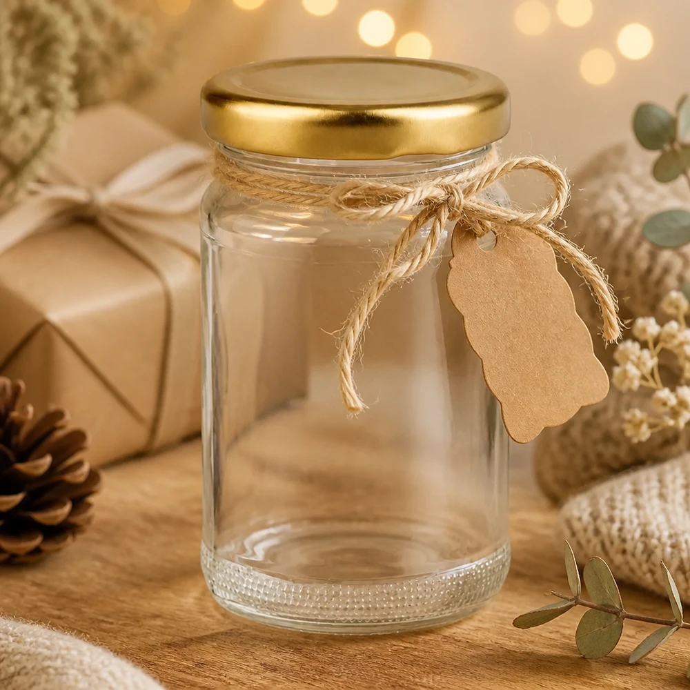 110ml Rundglas 6er-Set mit Deckel (Deckelfarbe: gold) UNiTWIST UNiTWIST Rundglas 110ml goldener Deckel mit Juteband romantische Lichter-Bokeh-Hintergrund