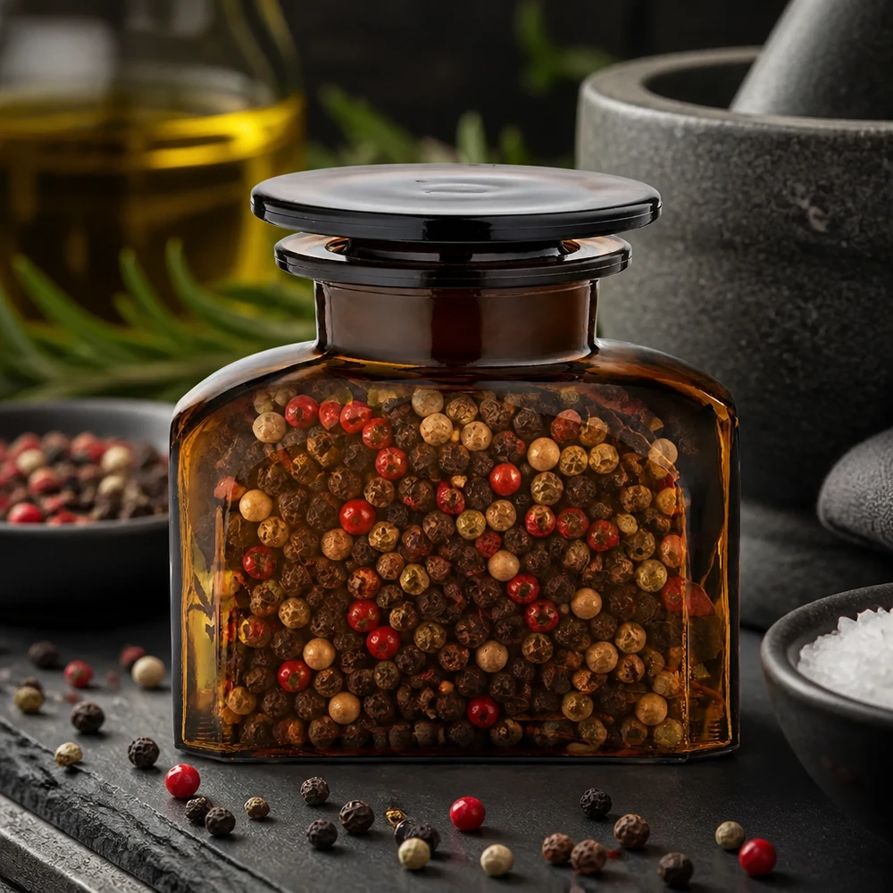 Gewürzglas Idee: Vierkant-Apothekerflasche 150 ml Weithals Lichtschutz Braunglas Vierkantflasche 150 ml mit mehrfarbigen Pfefferkörnern befüllt