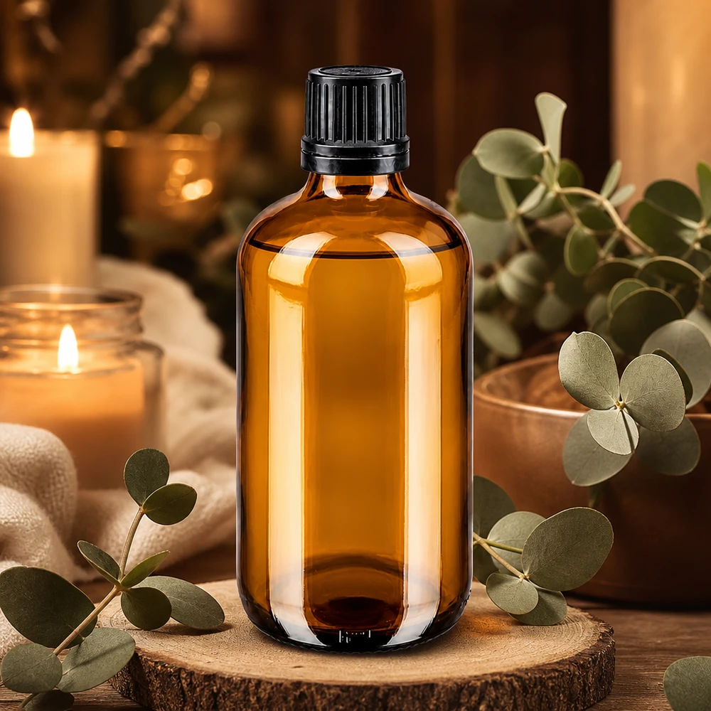 Bernsteinfarbene 100ml Glasflasche mit schwarzem Kindersicherheitsverschluss für Naturprodukte