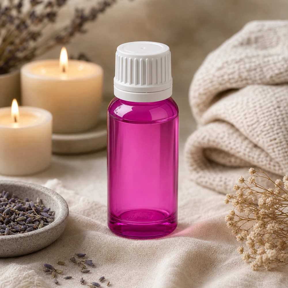 Stilvolle 20ml Violettglas-Flasche mit matter Optik und weißem Verschluss für Wellness-Öle