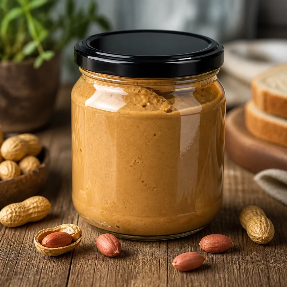 212ml Rundglas + BasicSeal Deckel schwarz TO63 UNiTWIST 212ml Rundglas mit schwarzem BasicSeal Deckel gefüllt mit cremiger Erdnussbutter umgeben von Erdnüssen und Brotscheiben
