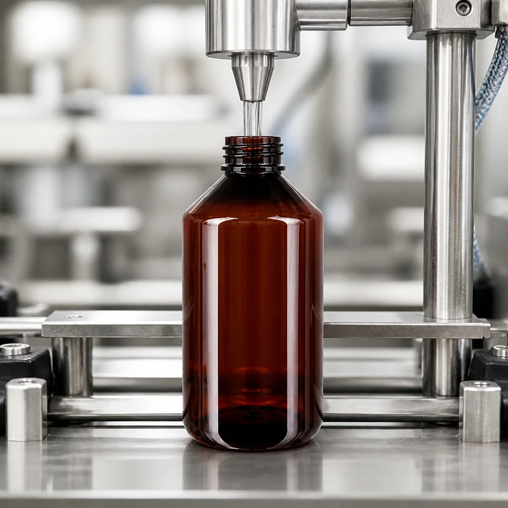 PET Flasche 750ml mit grünem Verschluss Originalitätsverschluss Maschinelle Befüllung einer 750ml Weithalsflasche aus PET mit Originalverschluss