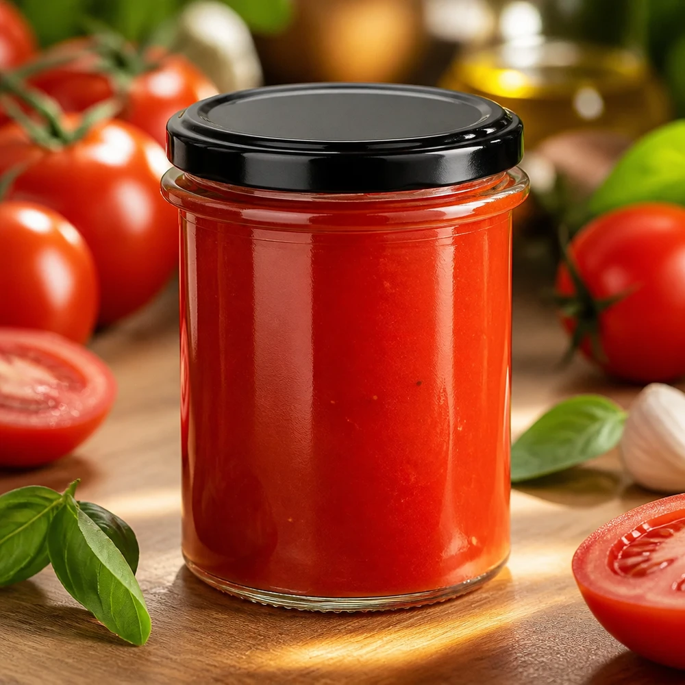 214ml UNiTWIST Rundglas mit BasicSeal Deckel schwarz als Vorratsglas für Tomatensauce Knoblauch und Basilikum