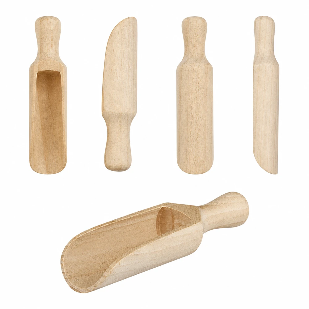 Holzschaufel Set verschiedene Größen und Formen aus Naturholz mit halbrunder 14cm Schaufel im Vergleich