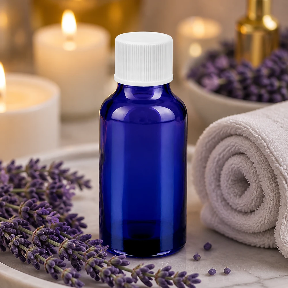 Premium blaue Glasflasche 20ml mit weißem Gewinde ideal für Spa und Beauty Anwendungen