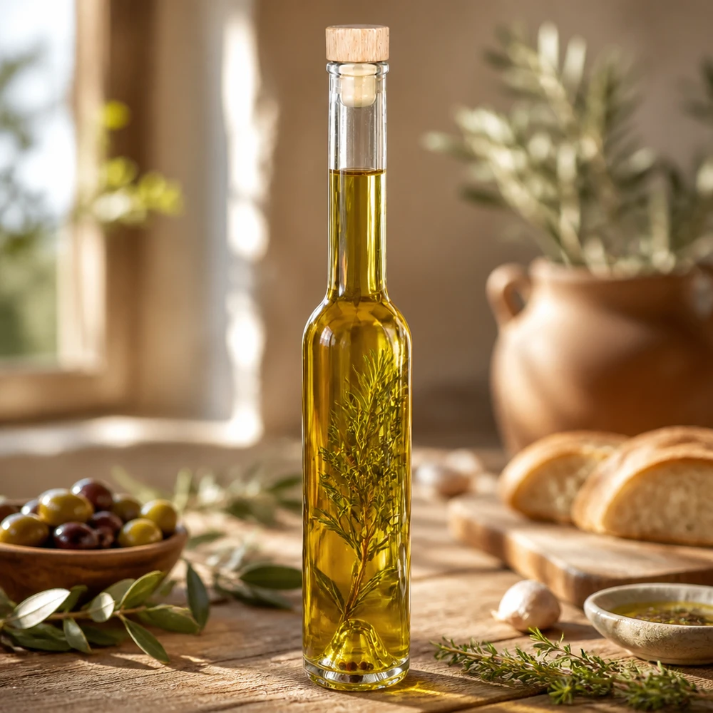 200ml Glasflasche "Hugo" mit Holzgriff-Korken UNiTWIST 200ml Glasflasche Hugo mit Kräuteröl und Rosmarinzweig in mediterraner Küche mit Oliven und Brot