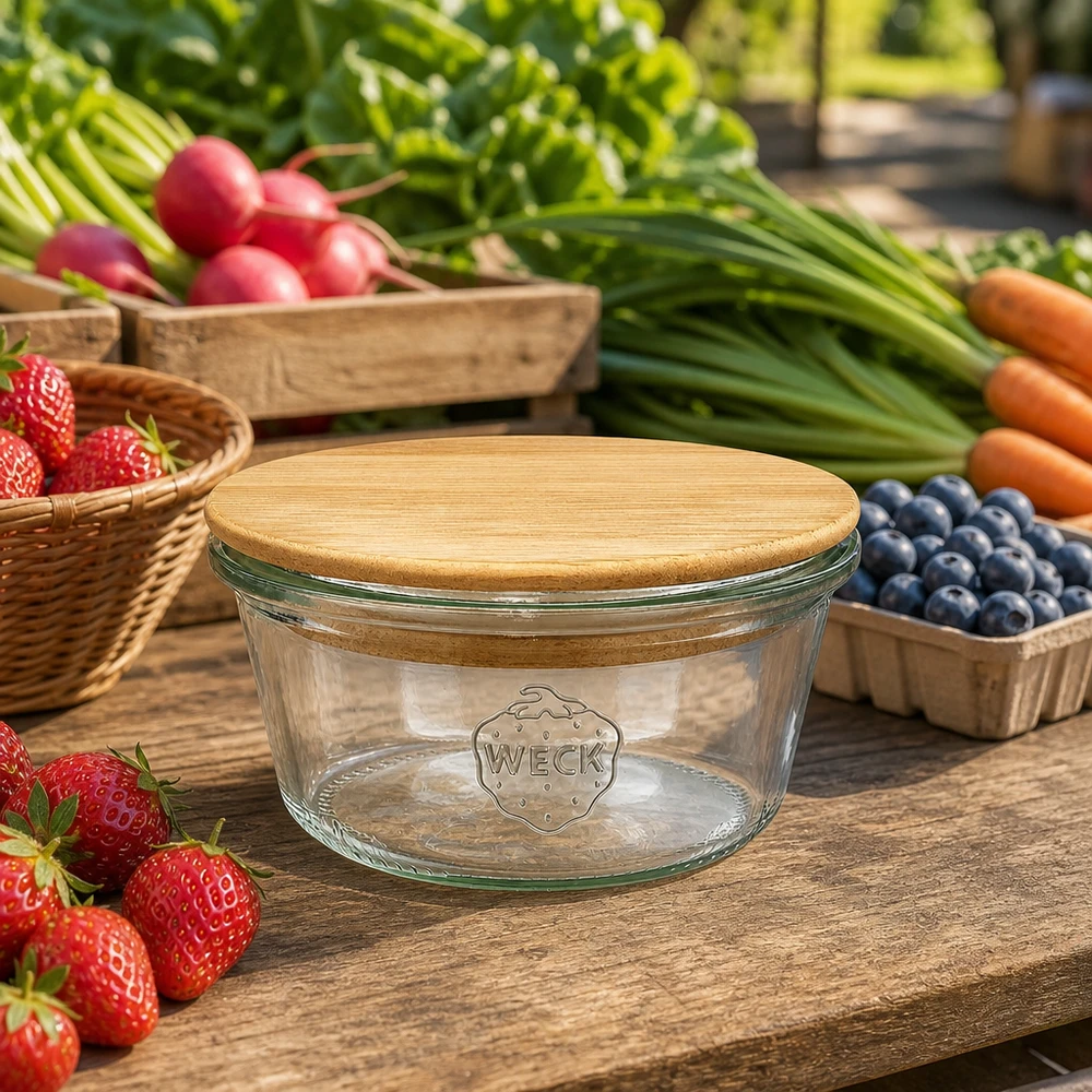 290ml Sturzglas niedrig WECK RR100 mit Holzdeckel WECK Sturzglas 290ml RR100 mit Bambus-Holzdeckel zwischen frischem Obst und Gemüse auf rustikalem Holztisch arrangiert