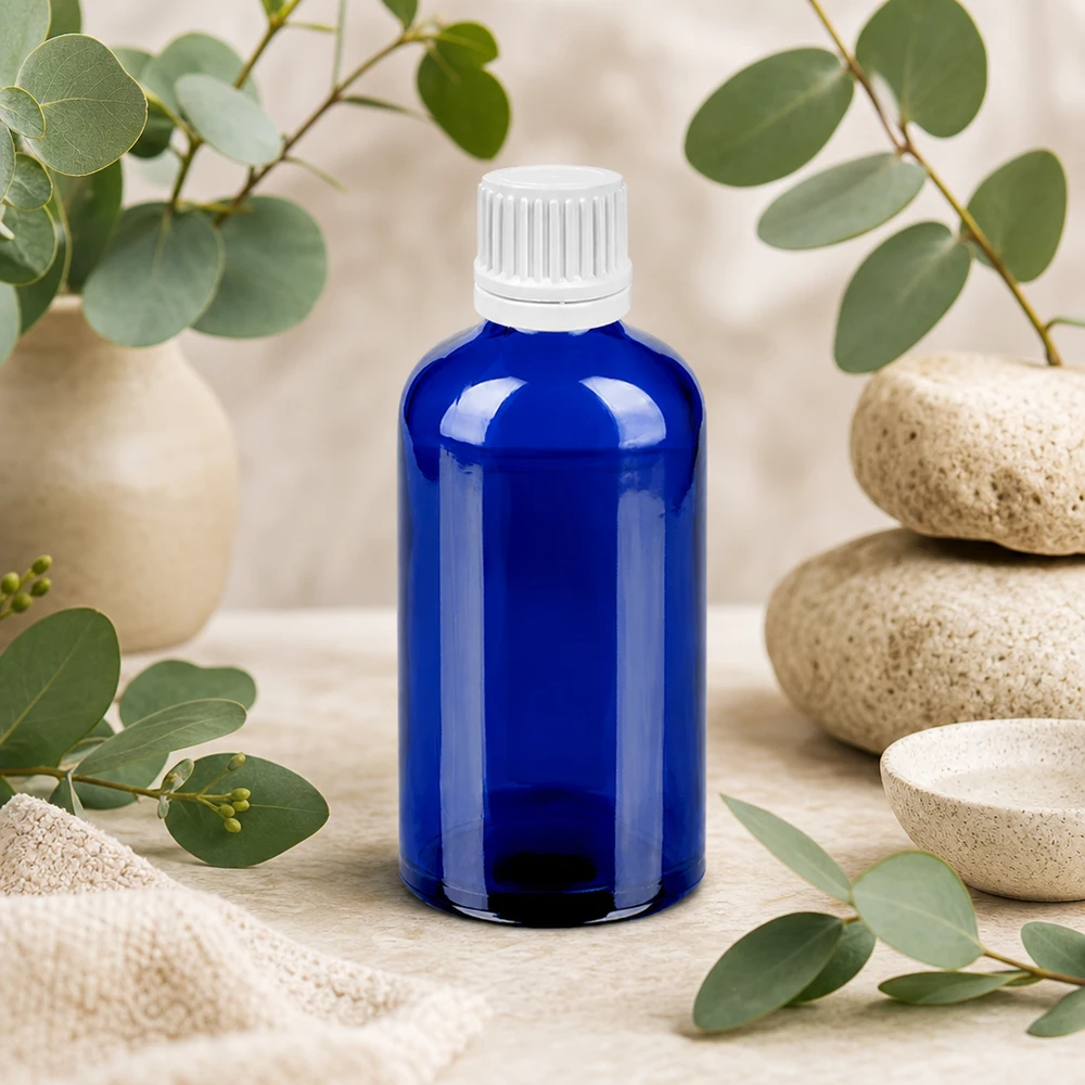 100ml Tropfflasche 0.7mm weiß Originalitätsverschluss BlueLine UT18/100 Vielseitige blaue Glasflasche mit Tropfverschluss - optimal für Tinkturen und flüssige Extrakte