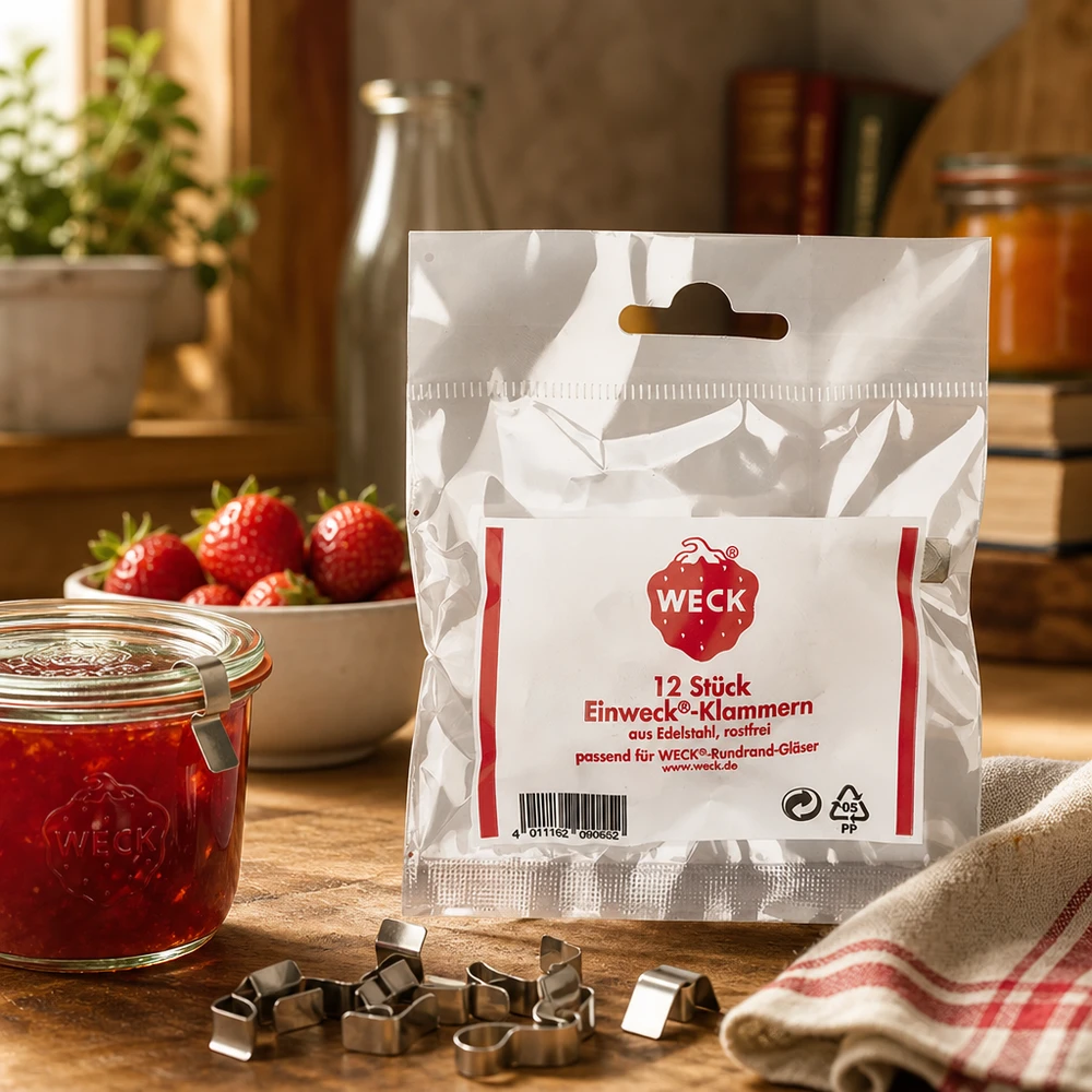 Klammern Original WECK (Pack(s) mit 12 Stück) WECK Original Klammern Set 12 Stück auf Holztisch mit Einmachglas Erdbeeren Marmelade Küchen Lifestyle Szene