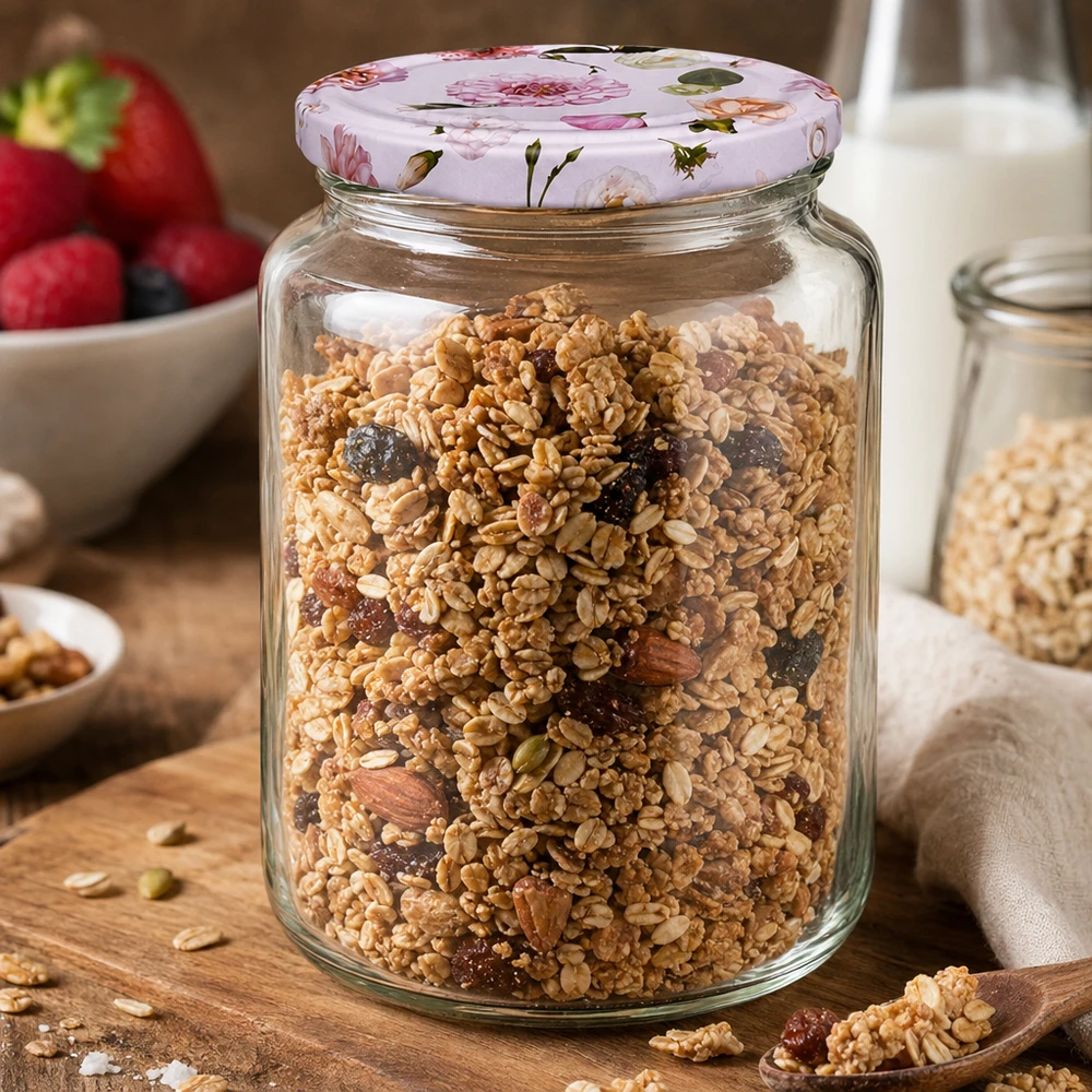 795ml Rundglas mit Müsli Nüssen Trockenfrüchten BasicSeal Deckel rosa Blumen Frühstück Vorratsbehälter Küche