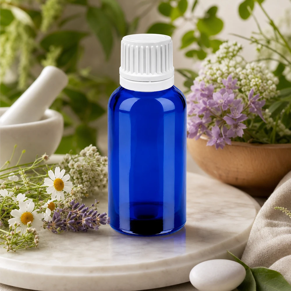 30ml Tropfflasche 0.7mm weiß Originalitätsverschluss BlueLine UT18/30 30ml Laborflasche aus blauem Glas mit weißem Sicherheitsverschluss für medizinische und therapeutische Öle