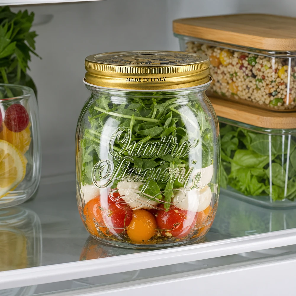 700ml Rundglas "Quattro Stagioni" mit Deckel Quattro Stagioni 700ml Einmachglas mit Salat gefüllt im Kühlschrank italienisches Glas für Meal Prep und frische Zutaten