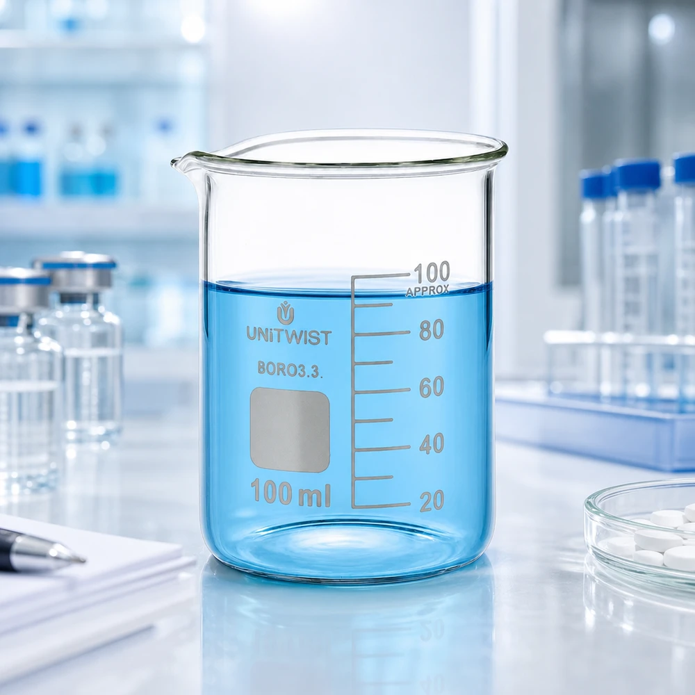 UNiTWIST Laborbecherglas 100ml Boro 3.3 mit weißer Skala und Etikettierfeld