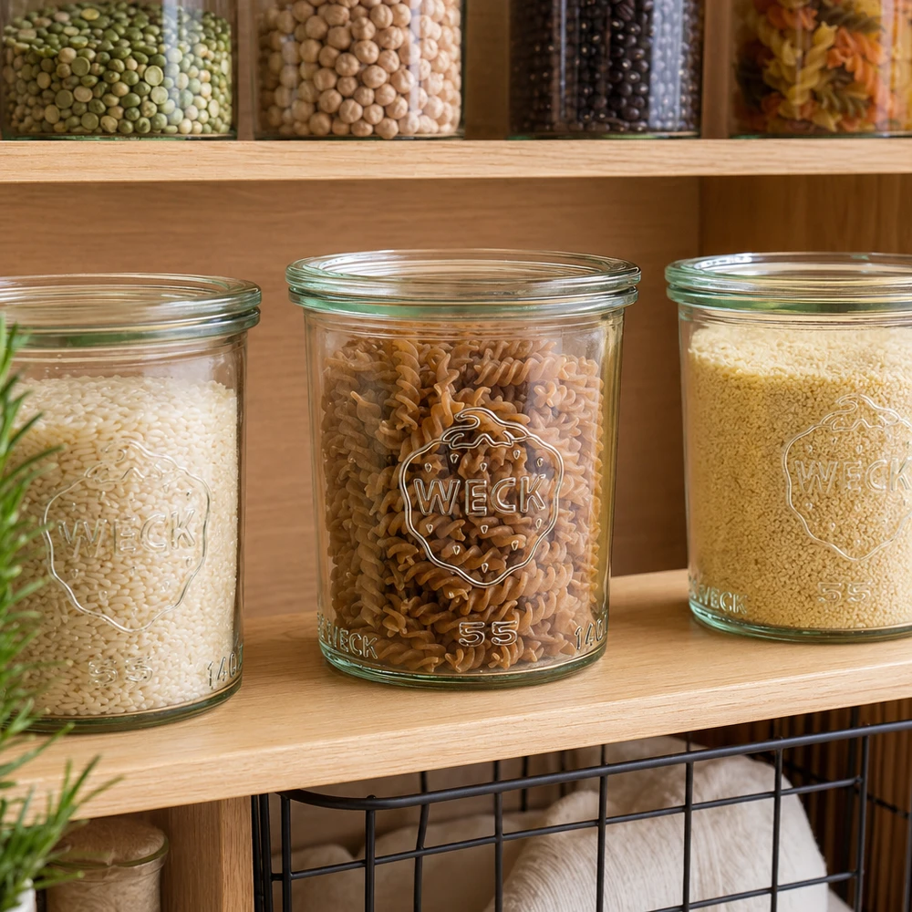 140ml Sturzglas mit Glasdeckel WECK RR60 WECK Gläser 140ml RR60 gefüllt mit Reis Nudeln Couscous in Vorratsregal Pantry Organisation Küchenschrank