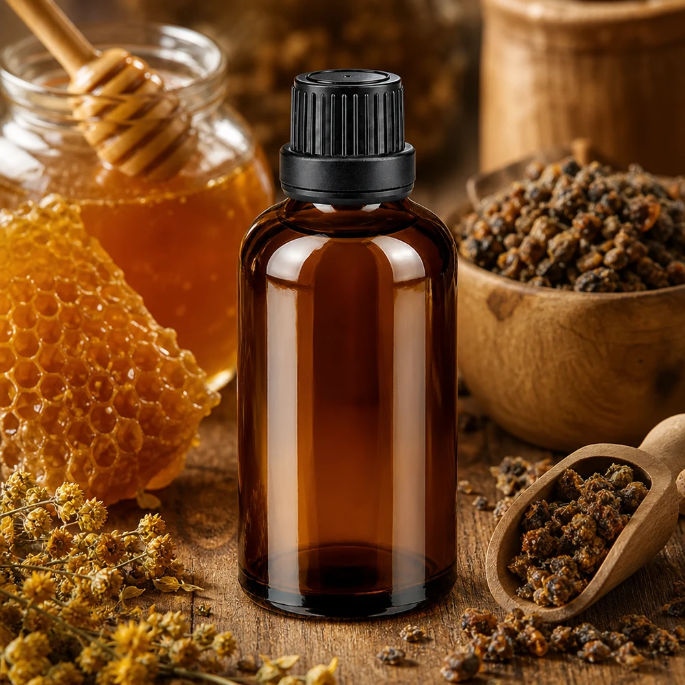 Braune Tropfflasche 50ml mit schwarzem Schraubdeckel geeignet für Propolis Extrakte und Naturtinkturen