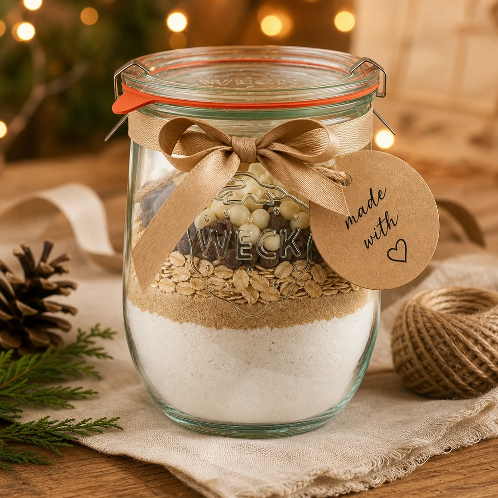 WECK Tulpenglas 1062ml RR100 als DIY Geschenkidee mit Backmischung weihnachtlich dekoriert mit Schleife und Anhänger