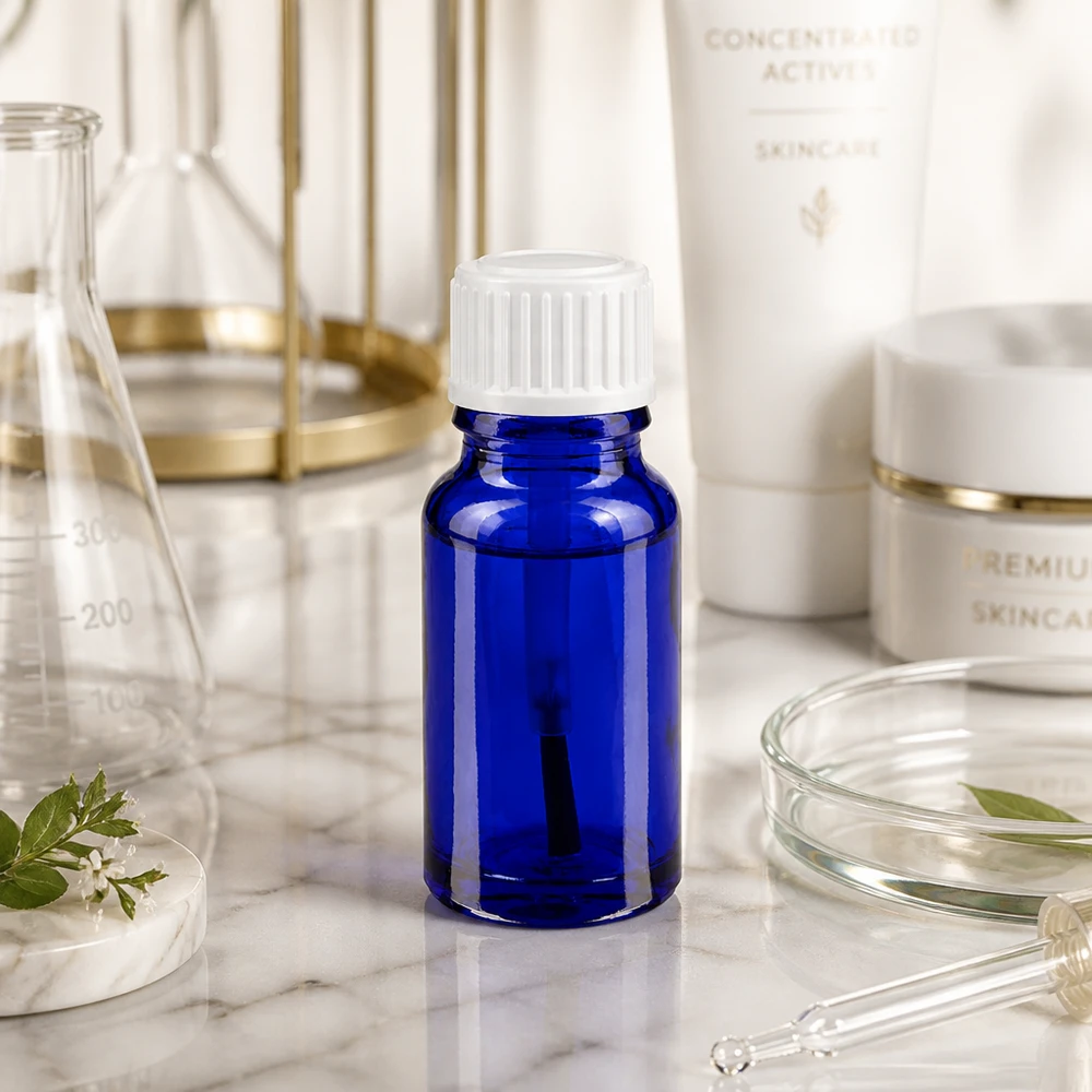 Apothekenflasche blau 10ml Schraubverschluss weiß Pinsel Blaue Tropfflasche 10ml Borosilikatglas mit weißem Verschluss lichtgeschützte Aufbewahrung