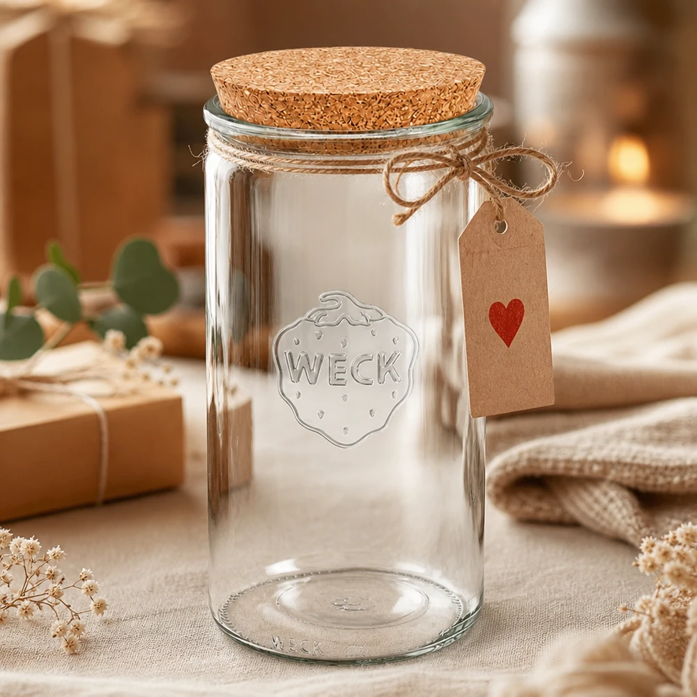 1590ml Zylinderglas WECK RR100 mit Korken natur WECK Einmachglas 1590ml RR100 mit Korkdeckel und Geschenkanhänger dekorativ arrangiert mit Textilien und Blumen