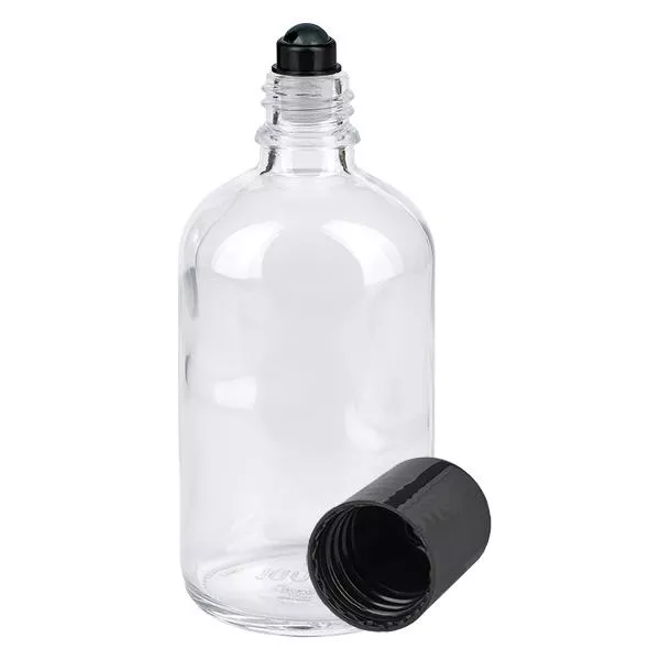 Apothekenflasche klar 100ml Roll-On Verschluss schwarz Apothekenflasche klar 100ml Roll-On Verschluss schwarz