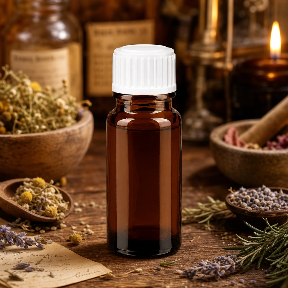 Dunkle Glasflasche 10ml UV-Schutz weißer Deckel zwischen getrockneten Kräutern und Kerze