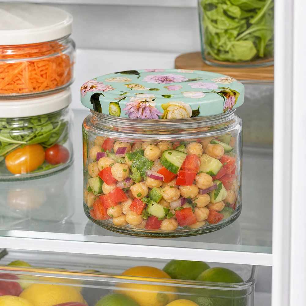 Kichererbsensalat im 330ml Rundglas mit BasicSeal Deckel Blume mint Kühlschrank Meal Prep Vorratsbehälter