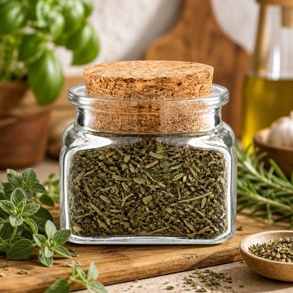 Gewürzglas Idee: Quadratus 120ml klar, Öffn 39mm, m. Kork 38 Quadratisches Gewürzglas 120ml mit Korkdeckel gefüllt mit getrockneten Mediterranen Kräutern